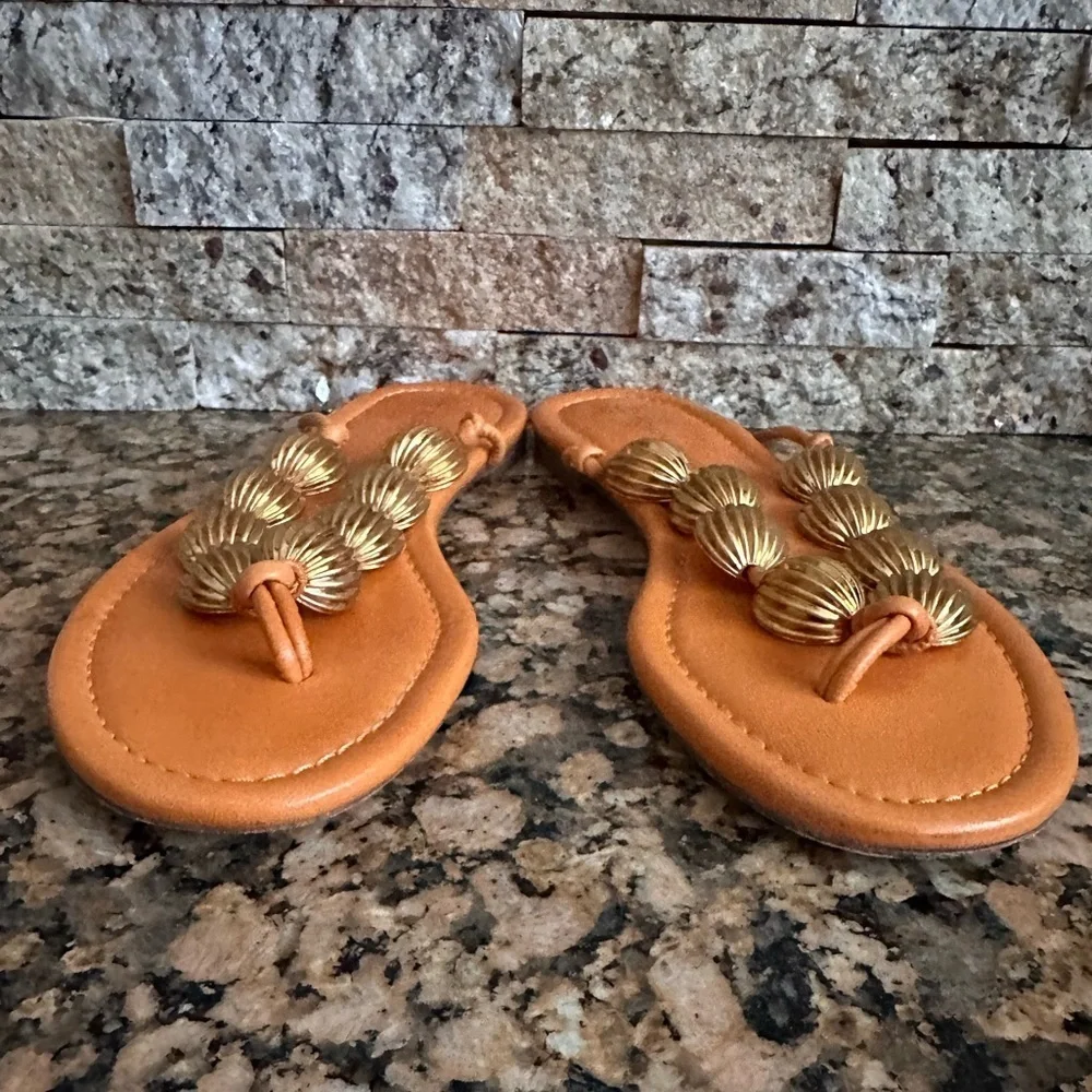 Tory Burch Capri Beaded Orange Leather Thong Sandals Size 7